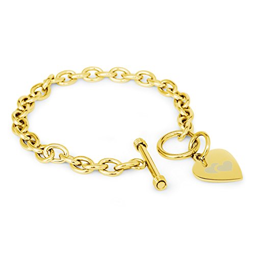 Tioneer Plaqué Or Acier Inoxydable Icône Double Coeur Gravé Coeur Charme Bracelet