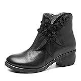 brown ankle boots winter outfit  Socofy Damen Kurzschaft Stiefel, Leder Stiefeletten mit Absatz Klassische Ankle Boots Blume Winter Kurz Stiefel Schuhe Handmade Chukka Lederschuhe Schwarz - Vergriffen, Nicht mehr produziert