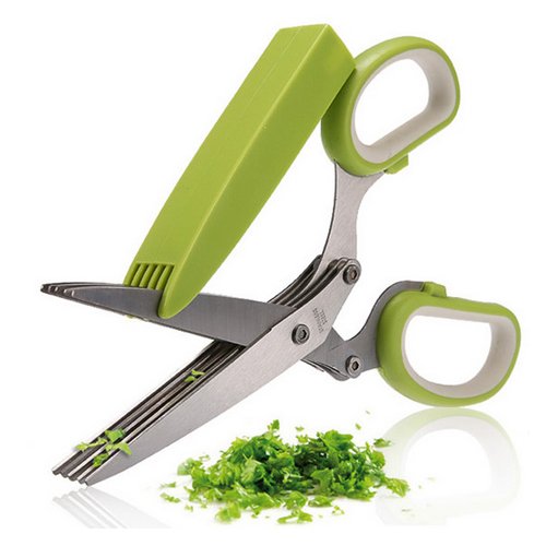 Coolkey Kräuterschere Rostfreier Stahl - Vielseitig Küche 5 Scharfe Klingen Zerkleinerte Lebensmittel Scheren, Mehrschicht Handgefertigte Papierschere, Cut, Scheibe, Kotelett Kräuter Schnell,Handliche Reinigung Kamm und Sicherheitsabdeckung (Grün)