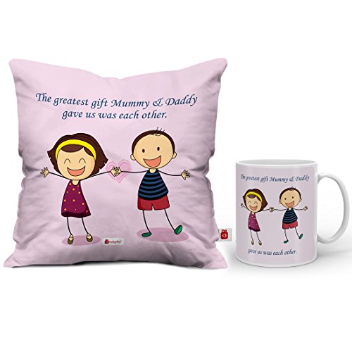 Indigifts Quote Printed Ceramic Coffee Mug 330 ml and Micro Satin, FibreCushion Cover 12x12 inch with Filler for Sister, and Brother (Pink)