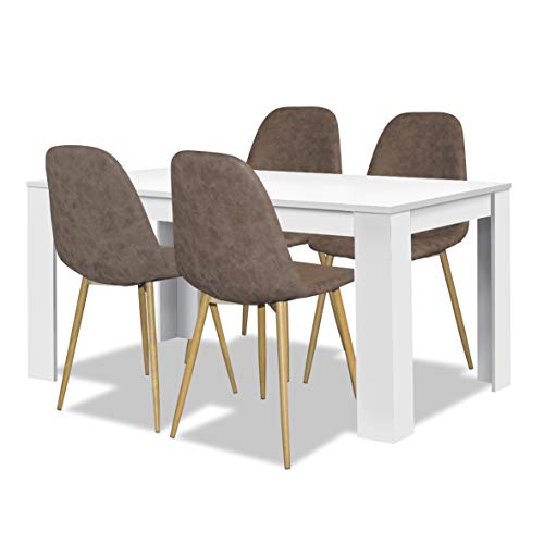 agionda® Esstisch + Stuhlset : Esstisch mit 4 Stühlen 1 x Esstisch Toledo Weiss 140 x 90 + 4 Polsterstühle Pascal Retro Design braun