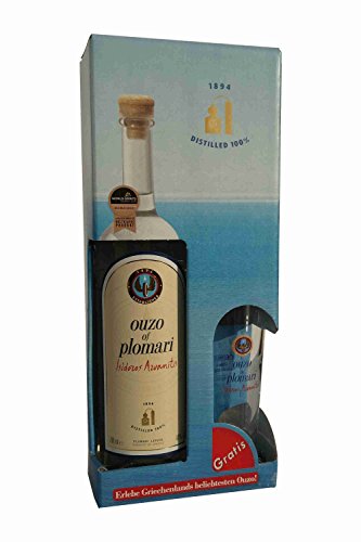 Preisvergleich Produktbild Ouzo Plomari Geschenk Box 700ml beliebter Trester aus Griechenland + Glas im Geschenkkarton
