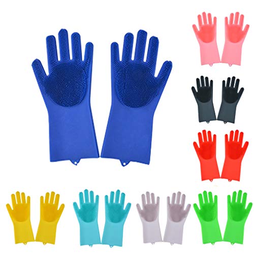 Preisvergleich Produktbild Magic Saksak wiederverwendbare Silikonhandschuhe mit Wash Scrubber, Silikon-Reinigungsbürste Scrubber-Handschuhe, hitzebeständig, zum Reinigen, Haushalt, Geschirrspülen, Autowaschen (dunkelblau)