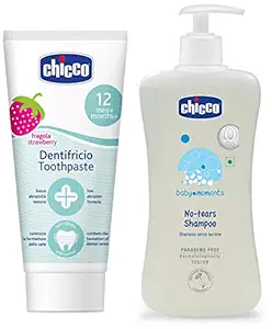 Chicco Toothpaste, Strawberry Flavour For 12M+ Baby, Fluoride Free, Preservative Free (50 Ml)&No-Tears Shampoo For Soft And Tangle-Free Baby Hair, Dermatologically Tested, Paraben Free (5