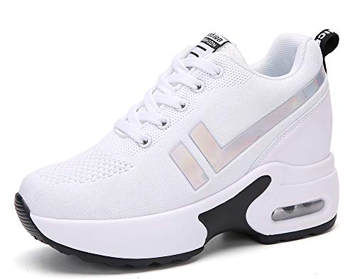 AONEGOLD® Baskets Femmes Compensees Chaussure de Sport Gym Fitness Jogging Voyage Respirantes Mode Sneakers Coussin d'air Basses Compensée Plateforme Talon de 8.5 cm Blanc 38 EU