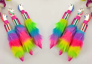 Asera 6-in-1 Unicorn Retractable Roller Ball Multicolor Feather Fur Ballpoint Pen for Kids -6 Pieces (Multicolour) for Girls Birthday Return Gifts
