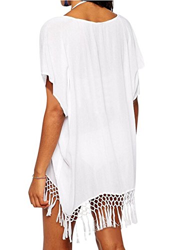 Jastore®Damen weiß Strandponcho Sommer Überwurf Kaftan Strandkleid Bikini Cover Up - 3