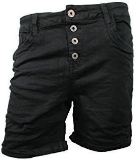 Denim Pull up Boyfriend baggy Stretch Shorts Bermuda Buttons Open Button Facing (More Colours) - Deep Black, XS / 34