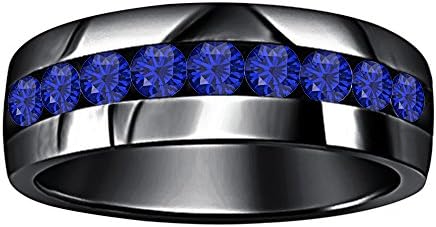 .925 Sterling Silver 14k Black Gold Plated Round Cut Created Blue Sapphire 9-Stone Men's Wedding Band Anniversary Ring