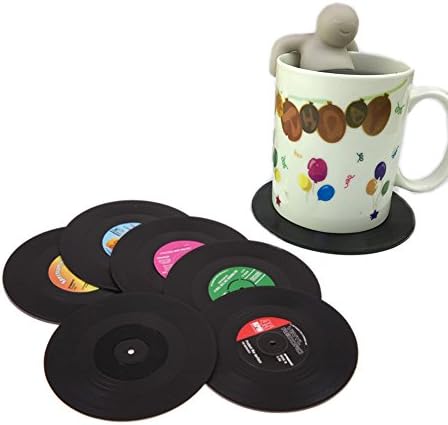 Vinyl Record coasters set of 6 , Disk Coasters with Funny Labels, Prevents Table Damage and Spill, Gift Ideal for Home, Bar and Restaurant