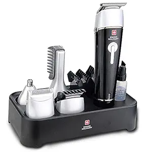 Swiss Military 5 in 1 Trimmer Grooming Kit for Nose, Ear, Beard & Moustache, Full Body with Rechargeable Base for Charging and Storage, Unisex, Water Resistant Detachable Stainless Steel Blades, 70 minutes Run Time, 2 Years Warranty SHV-5 (Black)