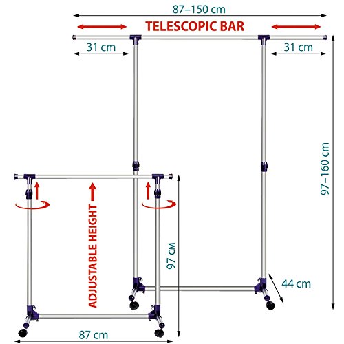 Tatkraft Hamburg Stabiler Rollbarer Kleiderständer mit einer Starken Base Teleskopseitenstangen Stahl - 2