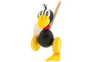 Brink Holzspielzeug Schiebefigur Rabe Schiebe-Tier auf Rädern Kleinkind Schiebe-Laufrad mit Lauf-Stock Watschel-Ente