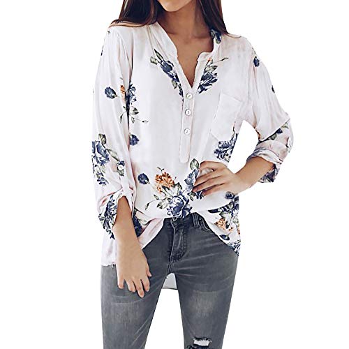 Preisvergleich Produktbild JUSTSELL Langarmshirts Pullover für Damen Herbst Winter,Frauen Blumen-Drucken Hemdbluse V-Ausschnitt Bluse Roll-up T Shirt Mit Taschen Tops Asymmetrischer Saum Tops