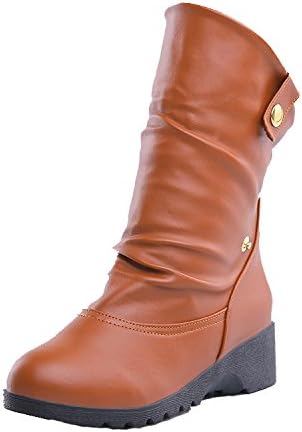AgeeMi Shoes Women Pull-On Kitten-Heels Round Closed Toe PU Solid Low-Top Boots,EuX126 Brown 36