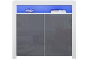 Panana Sideboard Storage Cupboard High Gloss Front Cabinet RGB Multicolor LED Lighting with 2 Doors and Shelves Grey
