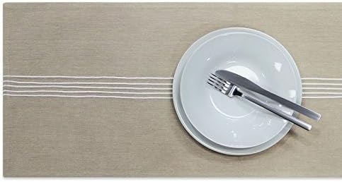Oxford Stripe Table Runner, 100% Cotton, Modern Table Linen, Embroidered Striped Fabric, Luxury Natural Tableware, 33cm x 230cm, Linen, Beige
