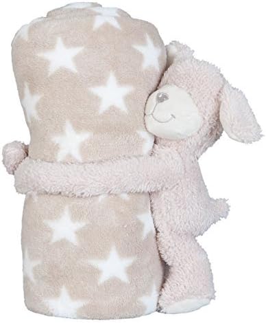 PRESENT BABY SHOWER PARTY INFANT STARS PUPPY DOG SOFT TOY FAUX FUR CREAM BEIGE THROW BLANKET 77 X 102CM