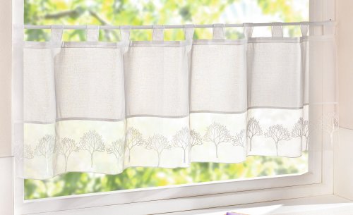 Panneaux „Weißer Baum“ transparenter weißer Grundstoff mit breiter Organzaborde, aufwändig bestickt mit weißen Bäumen, fensterfertig konfektioniert mit Schlaufen, 100% Polyester GH 45 cm, Breite 150 cm