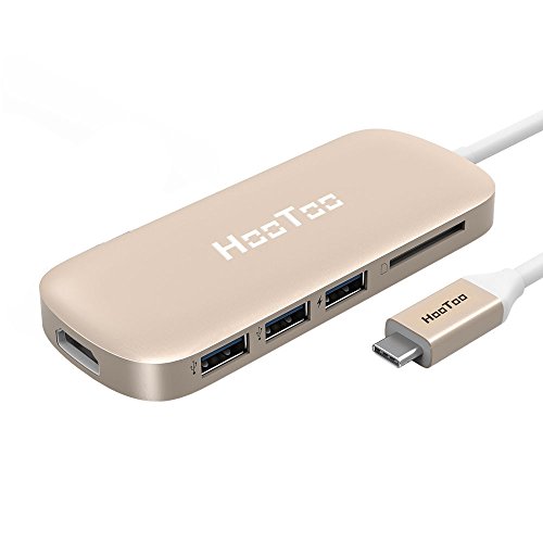 HooToo USB-C Hub mit drei USB 3.1 Gen 1 Anschlüssen, HDMI-Anschluss, SD-Kartenleser (Stromversorgung für USB-C Aufladung, Plug und Play, Aluminiumlegierung) für neues Macbook und Chromebook Pixel, Gold