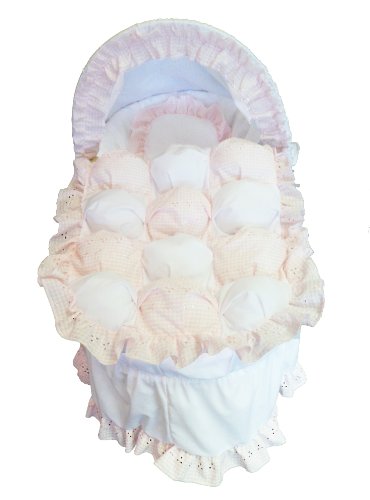 Beautiful Pink Gingham Bubble Moses Basket With Long Skirt & White Wooden Folding Stand
