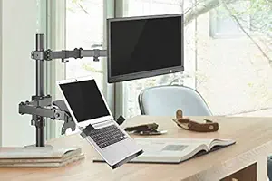 Lumi Brateck Single Monitor Stand With Laptop Tray| 9 kg Weight Capacity Per Arm| 3 years Warranty| Single Monitor Desk Mount With Additional Arm and Laptop Tray | Height Adjustable Monitor Stand With Laptop Plate
