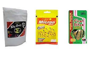 Best Baby Fish Foods 3n1 Combo Goldtails Baby Guppy Bites Premium Baby Fish Food, AHM Micron and First Bites for Baby Guppy Fishes and New Born Small Fishes