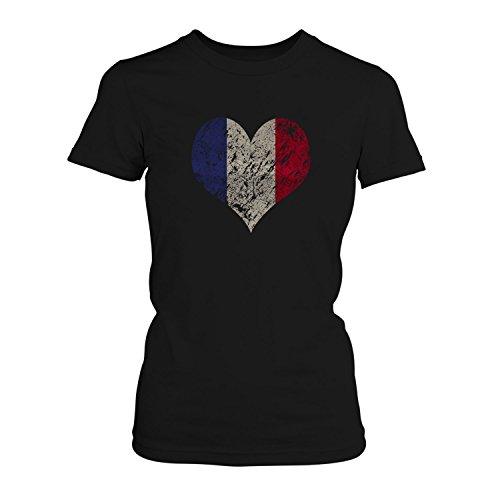 Fashionalarm Damen T-Shirt – I Love France | Fun Shirt Trikot mit Vintage Flagge Print für Fußball & Frankreich Fans | Mittelmeer Urlaub | EM & WM, Farbe:schwarz;Größe:L
