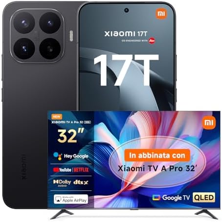 XIAOMI 17T, Smartphone 12+256GB, Display Eye-Care da 6,59" 120Hz, Batteria da 6500mAh (typ), Teleobiettivo Leica 5x, 67W HyperCharge, MediaTek Dimensity 9500, Black, Garanzia 3 anni TV A PRO 32