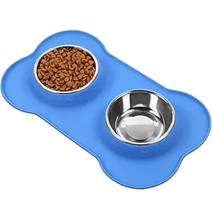 Vivaglory Dog Bowls, Set of 2, Stainless Steel Water and Food Bowl Pet Cat Feeder with Non Spill Skid Resistant Silicone Mat, Small, Blue