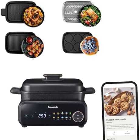Panasonic NF-GM400 Multi-Cooker Elettrico 4 in 1, Griglia elettrica, Friggere, Cottura Lenta, BBQ, Vapore, Saltare, 1400W, 40-250°C, 9 Modalità Automatiche, Piastre lavabili in lavastoviglie