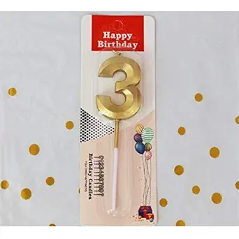 Juzfun Metallic Birthday Number Candle 3 (Gold) for 3rd Celebration Cake Decoration, Anniversary Kids Party Supplies