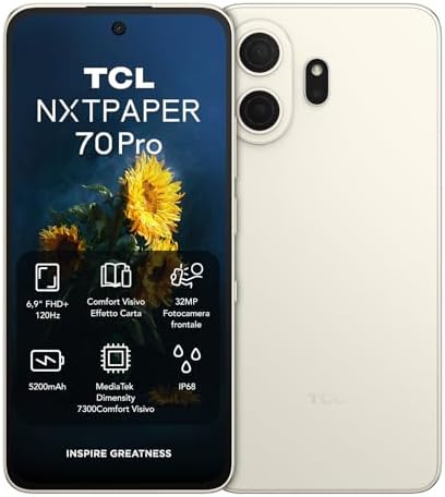 TCL Smartphone Android NXTPAPER 70 Pro 5G, Smartphone con display NXTPAPER 4.0 da 6,9", fotocamera 50MP OIS, 256GB+8GB, chipset Dimensity 7300, colore oro nebuloso