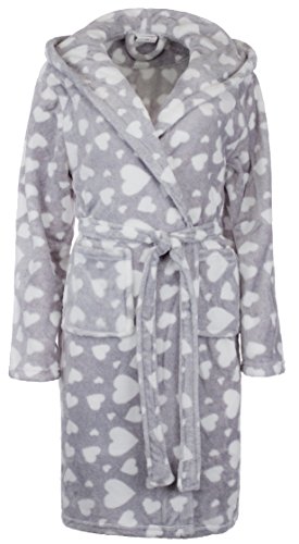 Brandsseller Damen Supersofter Flanell Microfaser Bademantel Morgenmantel - mit Herzen - Grau/Weiß- S/M