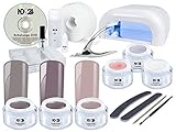 Nagelstudio STARTERSET DVD PREMIUM + NUDE FARB GEL für Gelnägel - UV Lampe weiß + UV-Gel + Farbgel MADE IN GERMANY + Tips + Feilen + Pinsel + Schulungs-DVD + Zubehör - Gel Nägel SET BESTSELLER