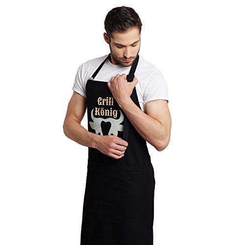 Inhoma Grillschürze bedruckt: „Grill König“ in Schwarz | 100% Baumwolle | Barbecue-Schürze mit praktischen Taschen & verstellbarem Nackenband | extra groß 1x1m | Männergeschenk | mit Spruch - 4