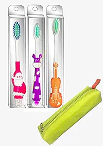 BigBro ?Kids?Toothbrush?Extra Soft Bristles with Toothbrush Cover Cartoon Shape Age 2+ SUPER SAVER PACK of 3 plus 1 Free Pencil Pouch