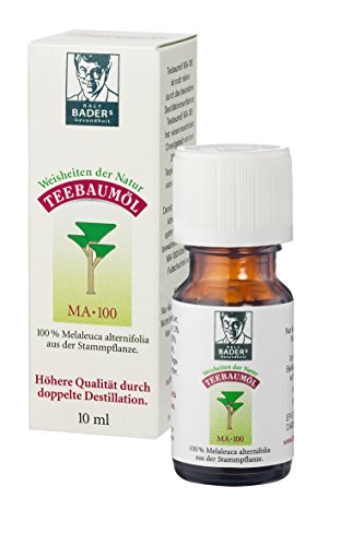 BADERs Apotheken Teebaumöl. 100% reines melaleuca alternifolia (MA-100). 20 ml. Doppelt destillierte Qualität. Traditionell beliebt bei unreiner Haut, Warzen, Fußpilz, für das Zahnfleisch und bei Schuppen.