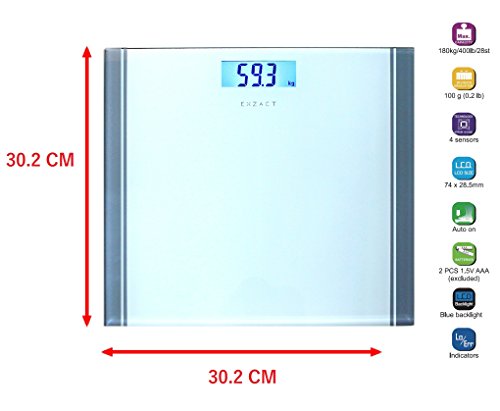 EXZACT – Personenwaage/ Elektronische Körperwaage / Digitale Badezimmerwaage – Große Kapazität 180kg / 400lb / 28st – Hohe Präzision, Schritt-auf, Hintergrundbeleuchtung LCD-Anzeige – Schlank – Farbige Glasplattform (Weiß) - 5
