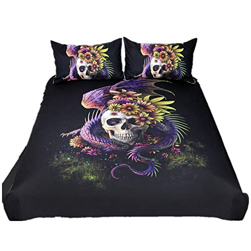 DOTBUY 3D Bedding Sets, 3pcs Elegant Lightweight Microfiber Duvet Cover Set Fiber Soft Zipper Pillowcase Protects and Covers your Comforter Duvet Insert (200x200cm, Dragon and Skull)