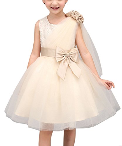 Happy Cherry Ragazza Bambino Vestito Matrimonio Compleanno Abiti di Principessa con Cintura Papillon - Colore: Champagne - 110 cm ~ 160 cm (3 - 13 Anni) Champagne 120 cm(5-6 Anni)