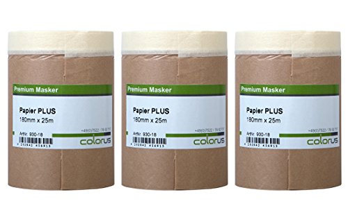 3 x Colorus Masker Tape PLUS 25m mit 18 cm Abdeckpapier Cover Quick Papier Masker 180mm Abdeckband mit Malerkrepp Klebeband