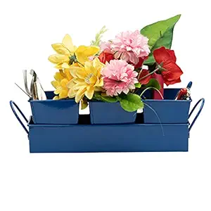 3 Metal Planter or Utensil Pots Set with Tray Caddy Succulent Planter Pot for Indoor or Outdoor Use for Living Room Balcony Or for Kitchen Utensils Pots with Drain Holes(Dark Blue)