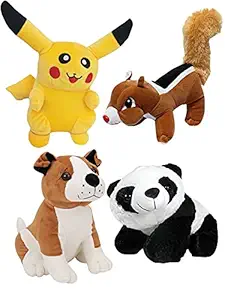 Deals India Special Combo of 4 Super Soft Plush Teddy Pikachu, Squirrel, Panda, Sitting Puppy Soft Stuffed for Kids/ Gifts Birthday and for Special Occasion ? 25cm (Multicolour)