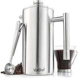 VonShef Cafetière à Piston en Acier Inoxydable - 12 Tasses + 1 Cuillère Doseuse
