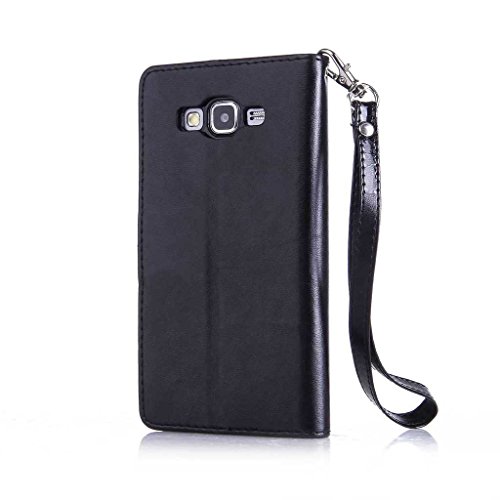 Galaxy Grand Prime Hülle Ledertasche [mit Frei Hartglas Displayschutzfolie], KKEIKO® Schutzhülle PU Leder Tasche Hülle Case für Samsung Galaxy Grand Prime, Wickelfalz Handyhülle mit Bändselloch Standfunktion Karteneinschub und Magnetverschluss, Kratzfeste Lederhülle Flip Wallet (Schwarz #9) - 3