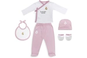Interbaby - Set Regalo 5 Piezas del Real Madrid - Primera Puesta Bebé Recien Nacido - Compuesto por Gorro, Camisa, Polaina, Manopla y Babero. Edad 0-6 meses.