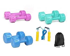 Body Maxx Colored Pvc Vinyal Dumbells Pack (12 Kg) With Skipping Rope + Gym Bag Pack