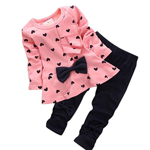Clode® Newborn Baby Clothing Sets Long-Sleeved Heart-shaped Print Bow Cute 2PCS Kids Set T shirt + Pants For 0-6 , 6-12 & 12-24 months (90, Pink)
