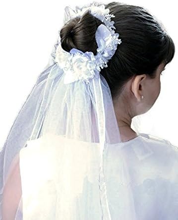 V01 1st Holy Communion Girl White Head Dress 2T Bun Halo Style Veil Flower Clear Comb